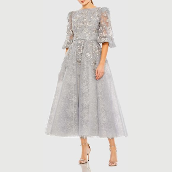 Mac Duggal Size 22 Silver Gray High Neck Puff Sleeve Floral Midi Tea Dress Gown - Picture 3 of 6